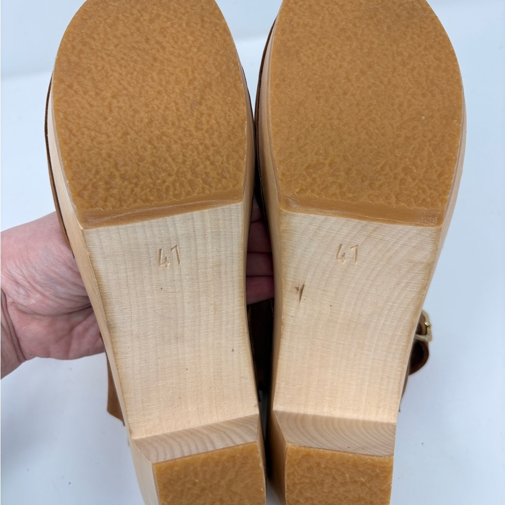 Bryr Miranda Slingback Peep Toe Wooden Clogs Caramel Leather Size 41 - Picture 9 of 10